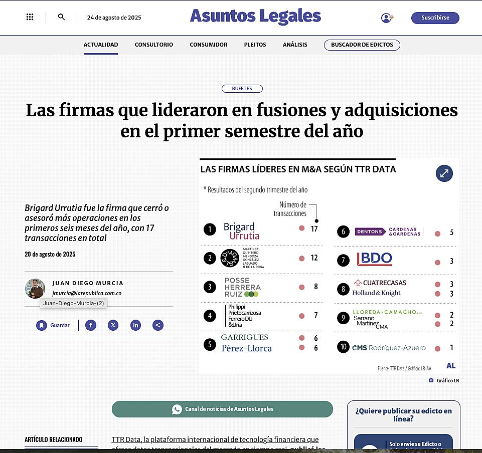Las firmas que lideraron en fusiones y adquisiciones en el primer semestre del ao